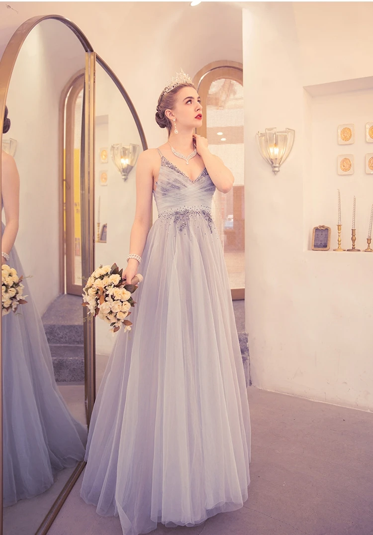 Diamond V-collar light blue Bride Wedding Toast dinner party gown