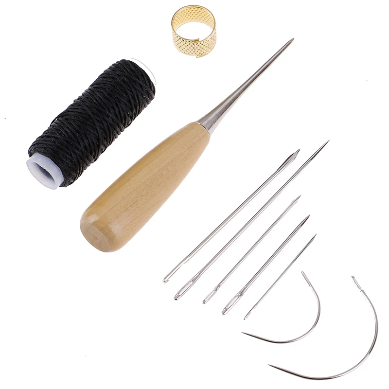 1Set Leather Sewing Needles Kit Stitching Awl Needle Thread Thimble Shoe Repair Tool