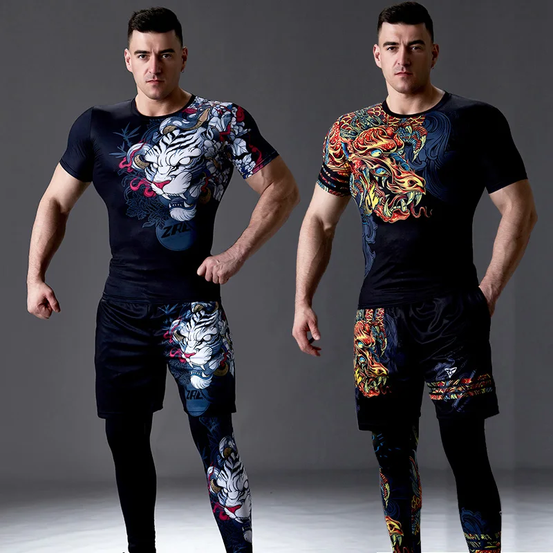 Men Summer Sportswears Chinese-Style T-Shirt Tracksuit Training-Set Fitness Beach New