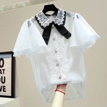 

Women's Summer Shirt Sexy Perspective Chiffon Blouse 2020 Summer Bow Splicing Lace Short-Sleeve Shirt Blusas Mujer De Moda 2020