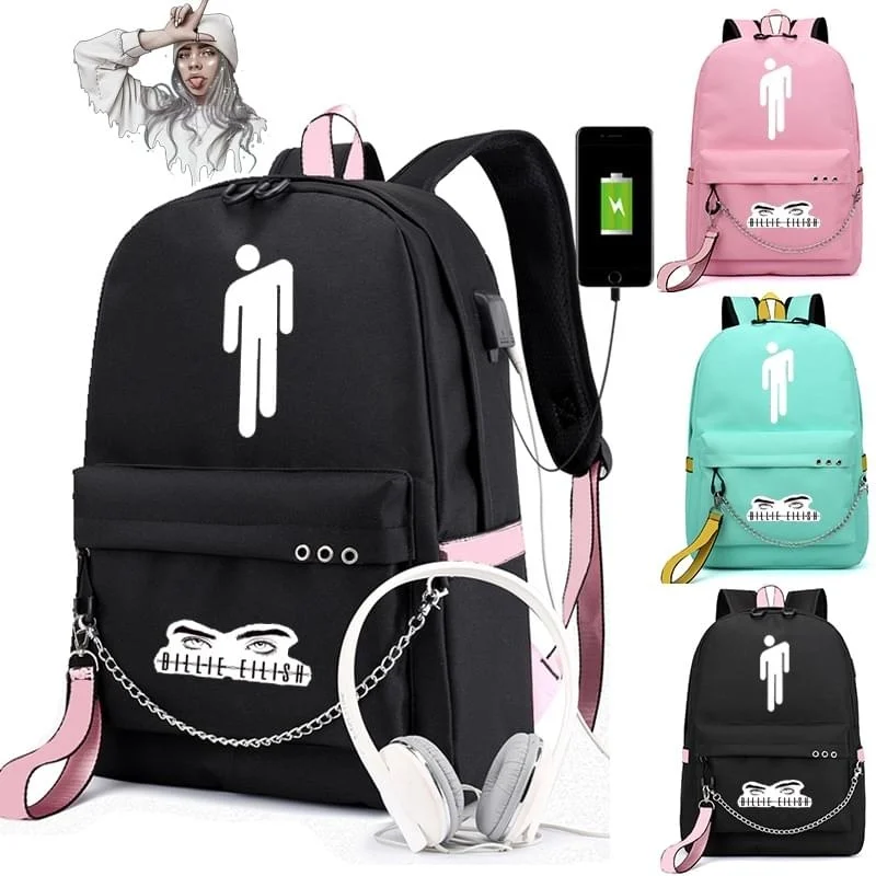 

Billie Eilish Canvas Backpack USB Charge Women/Men Student Backpack Letters Print School Bag Teenager Girls Ribbons Backpack