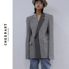 CHEERART шерстяной пиджак дизайнерское пальто Для женщин блейзеры и куртки серого цвета в стиле пэчворк женские длинные пиджаки модное пальто осень