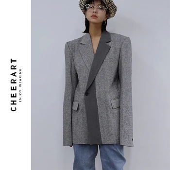 

CHEERART Wool Blazer Designer Coat Women Blazers And Jackets Grey Patchwork Ladies Long Blazers Fashion Coat Autumn 2019