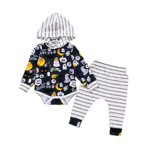 Комплект одежды, детские толстовки с капюшоном и штаны, наряды с героями мультфильмов на Хэллоуин для маленьких мальчиков и девочек, комбинезон с капюшоном и длинными рукавами, одежда в полоску