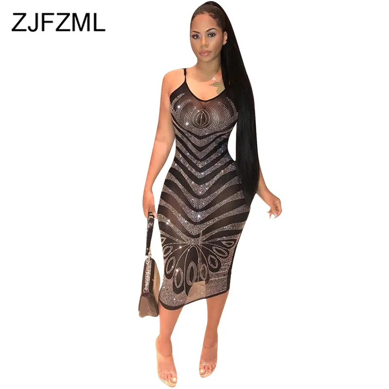 

Sparkly Rhinestones Mesh Wrap Sundress Women Spaghetti Strap Bodycon Perspective Sexy Club Dresses Summer Black Maxi Long Dress