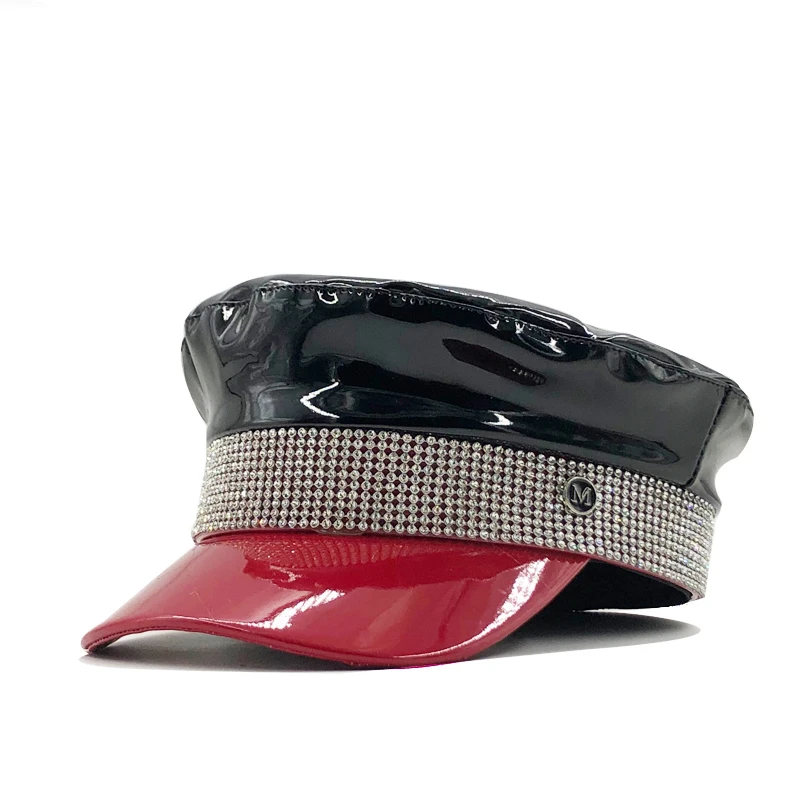 

New Autumn Winter Patent Leather Beret High Quality Ladies Hats Solid Color Flat Top Hat PU Slouchy Bone Cap Women Punk Hat
