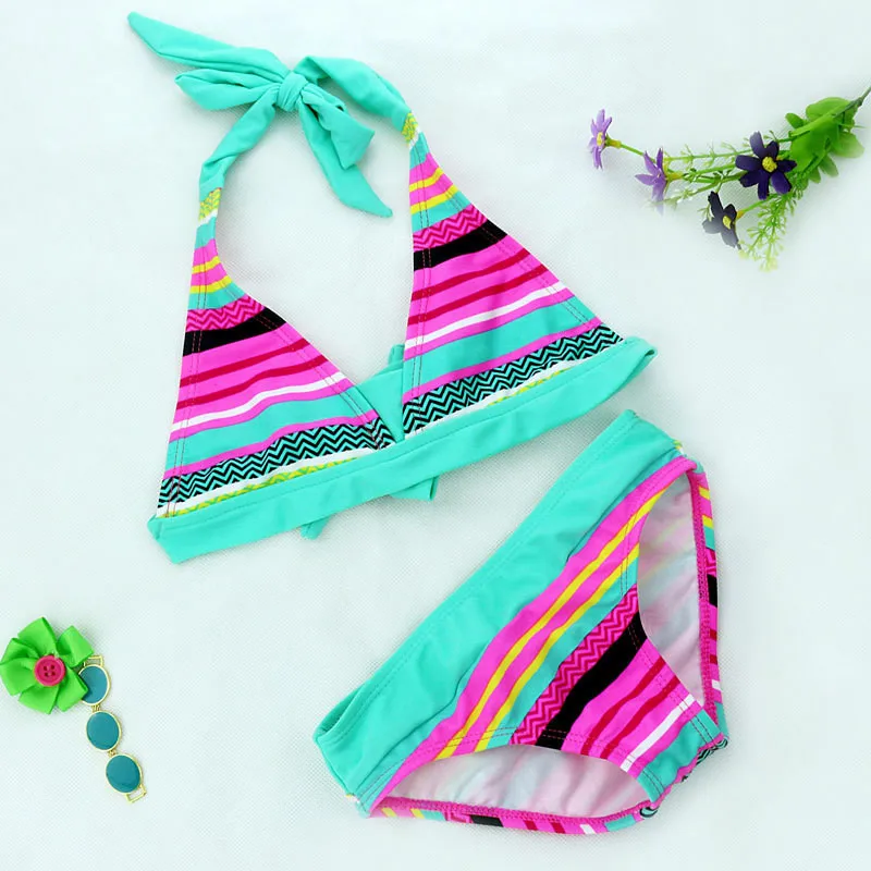 New Summer girls Close-fitting elastic stripe swimsuit girls split Two-pieces Swimwear, children stripe bikini