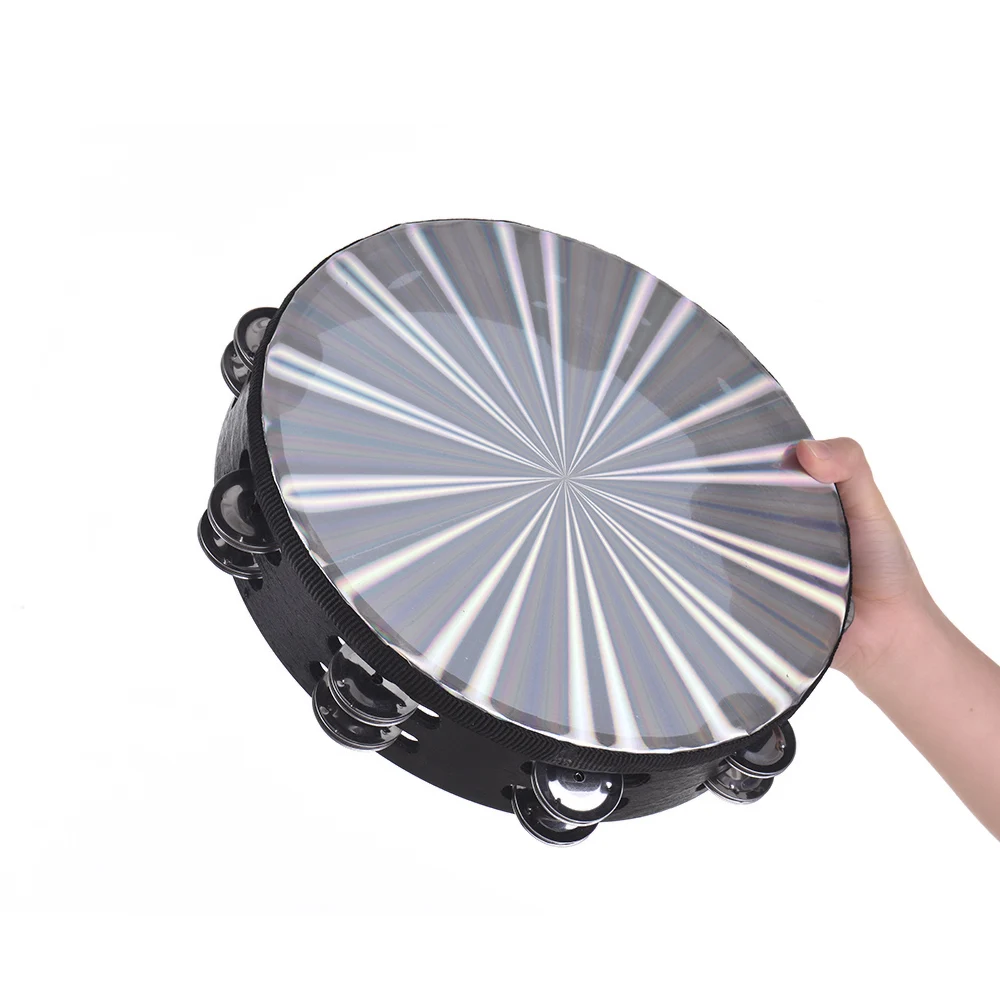 10 Inch Wooden Radiant Tambourine Handbell Hand Drum with Double Row Jingles Reflective Drum Head Musical Percussion Instrument