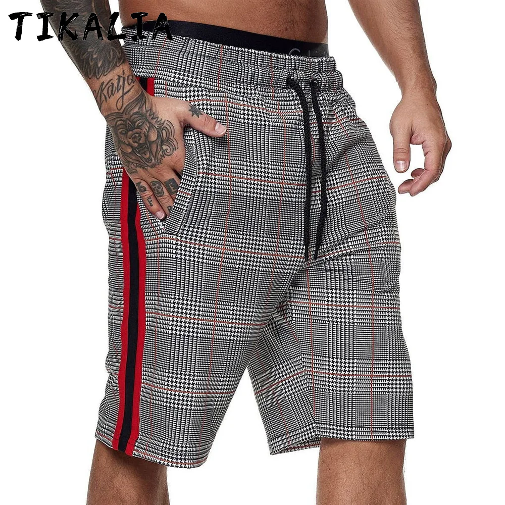 Pantalones cortos de verano para hombre, Shorts a rayas a cuadros, informales, con cordón, poliéster de alta calidad