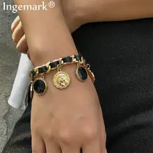 Панк резная монета массивная толстая цепочка браслет для женщин Шарм из искусственной кожи замок Lasso браслет на предплечье браслет стимпанк мужские ювелирные изделия