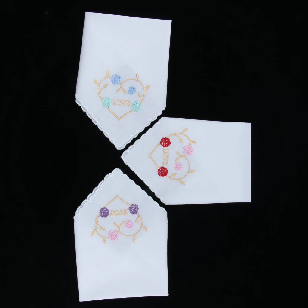 Ladies Ladies Cotton Heart Floral Embroidery Handkerchiefs Hanky ​​Set From 3