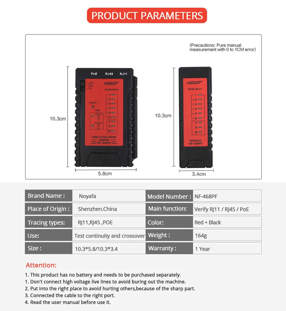 NOYAFA NF-468 RJ45 Tester POE Tester Network Cable Tester Cable Tracker Lan Tool Cable Finder RJ11 RJ45 Crimping Tool