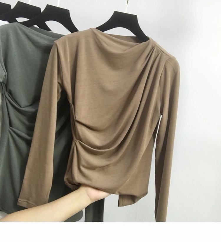 Плиссированная Футболка с воротником лодочкой и длинным рукавом|Футболки| |