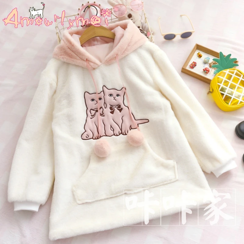Розовый Японский Стиль Мори девушка Лолита Kawaii мультфильм вышивка кошка с капюшоном длинным рукавом плюс бархат теплые милые повседневные толстовки пальто - Цвет: Розовый