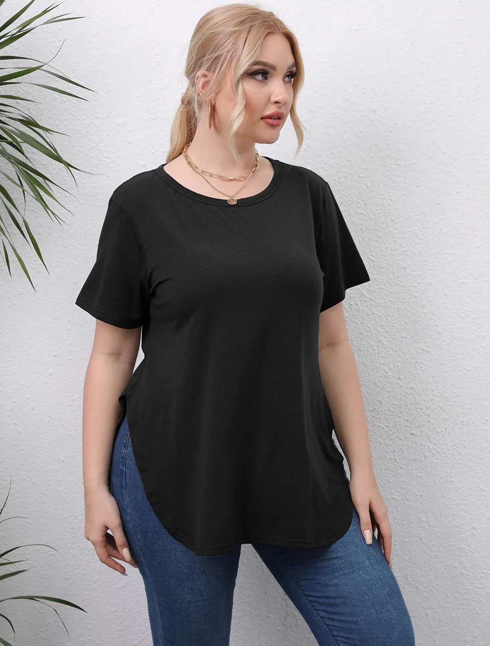 GIBSIE Plus Size O-Neck Women Split Side Solid T-Shirt Casual Summer Short Sleeved Tee 3xl 4xl Women Basic Tops Pulovers Clothes summer dresses