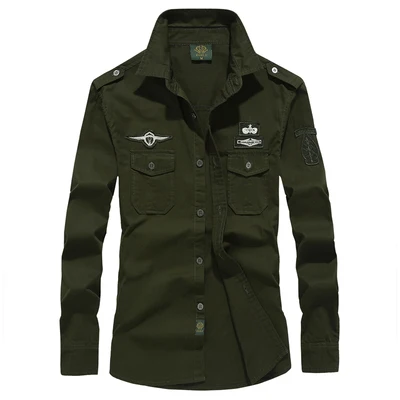 Мужские рубашки с длинными рукавами плюс размер мода униформа летчика рубашки мужские платья рубашки Размер M-6XL - Цвет: Армейский зеленый