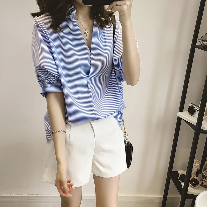 

Women Striped Blouse Shirt Short Sleeve Blouse Sexy V-neck Shirts Casual Tops Office Blouse Chemisier Femme Blusas Mujer de Moda