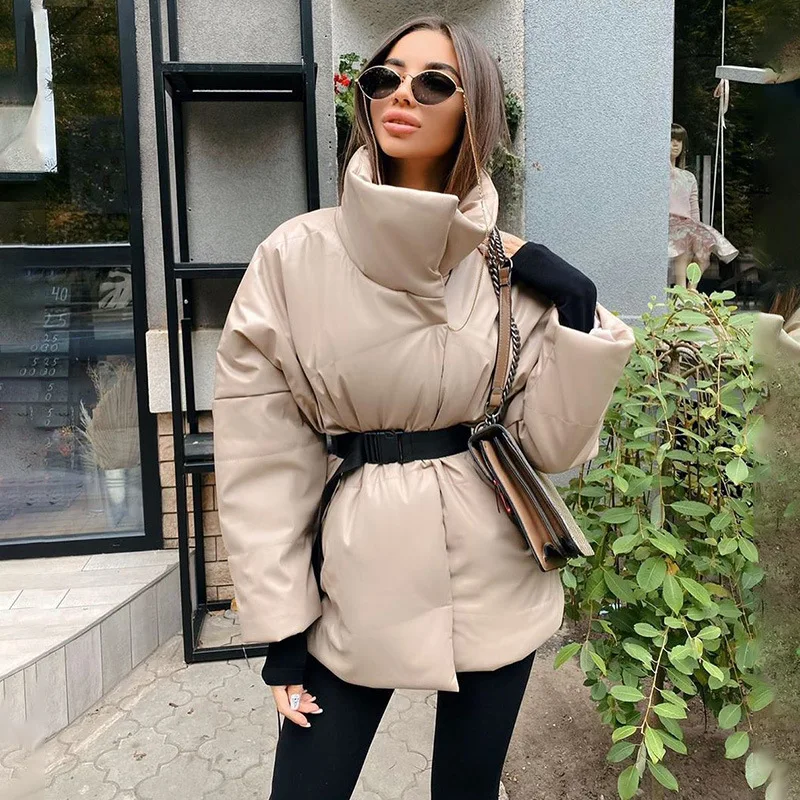

Paris Girl Autumn Winter Women Coat Jacket Parkas Warm with Belt Casual Loose Pocket Bubble Khaki Sashes Short Jackets Thick