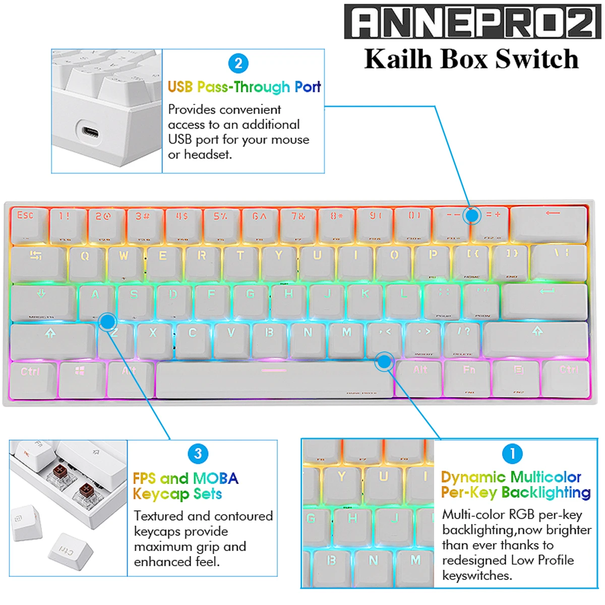 Anne Pro2 Kailh BOX Switch Mini Portable 60% Mechanical Keyboard Wireless bluetooth 4.0 Type-C RGB