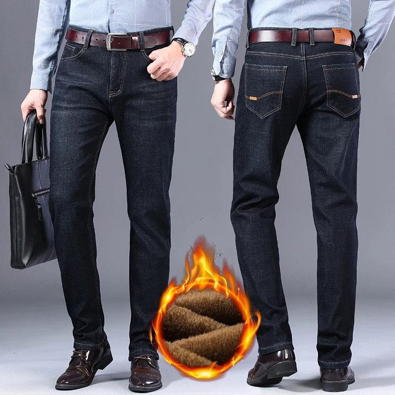 Мужские классические стильные деловые повседневные зимние плотные вельветовые Теплые джинсы, модные флисовые однотонные узкие прямые джинсовые брюки