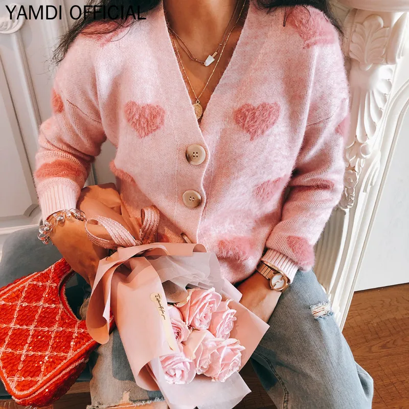 YAMDI, однотонный розовый кардиган, пончо летучая мышь, винтажная Корейская Повседневная кнопка, шикарный v-образный вырез, подиум, женские свитера на осень и зиму, Femal