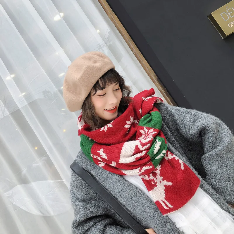 Модный Рождественский женский шарф, рождественский подарок, Зимний вязаный теплый шарф со снежинками и оленем, праздничный шарф для девочек, длинные шали S023