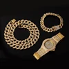 Necklace +Watch+Bracelet Hip Hop Miami Curb Cuban Chain Gold Iced Out Paved Rhinestones CZ Bling Rapper For Men Jewelry ► Photo 3/6