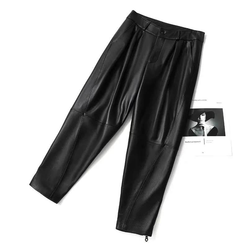 

Genuine Leather Pants Women High Waist 2021 Winter Korean Fashion Harm Pants Women's Trousers