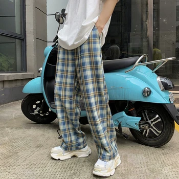

Male Streetwear Hip Hop Japan Korea Style Loose Ankle Length Pants Men Women Retro Fashion Casual Plaid Pant