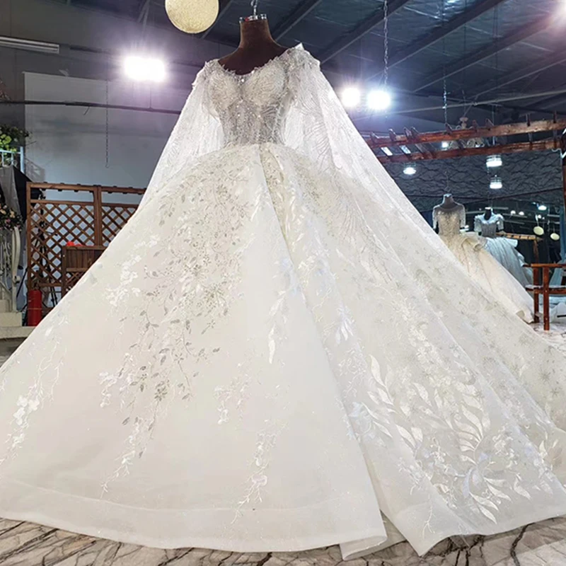 HTL1953 Elegant Extravagant Sequin Crystal Pearls Wedding Dress 2021 O-Neck Short Sleeve Lace Up Back 3