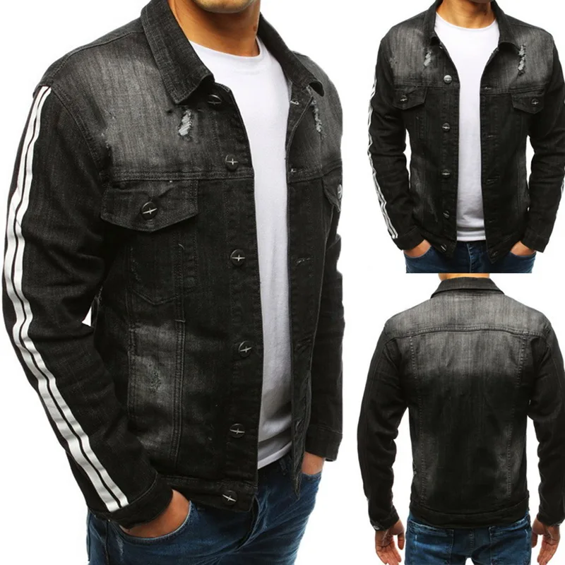 Джинсовая мужская куртка в полоску с дырками, уличная одежда, Chaqueta Hombre, осенняя приталенная джинсовая куртка в стиле ретро, пальто, топы, Jaqueta Masculino