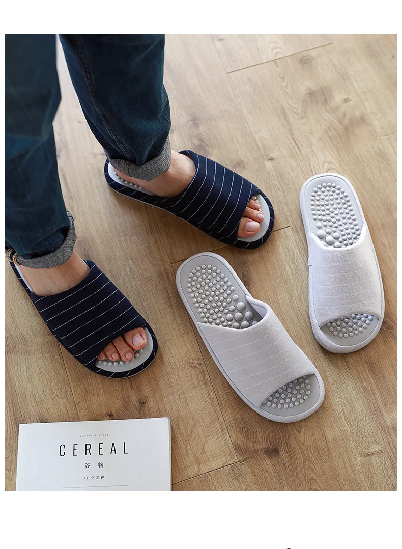 Xioami New men woman spring autumn classic striped home soft massage midsole open cotton slippers Keep warm flip flop