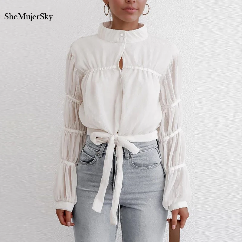 

SheMujerSky Women Autumn Long Lantern Sleeve White Blouse Slim Bow Tie Bandage Short Tops 2019 Elegant Shirts