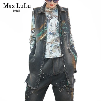 

Max LuLu 2020 Fashion Korean Clothes Ladies Punk Vest Harem Pants Womens Sleeveless Vintage Denim Two Pieces Set Printed Outfit