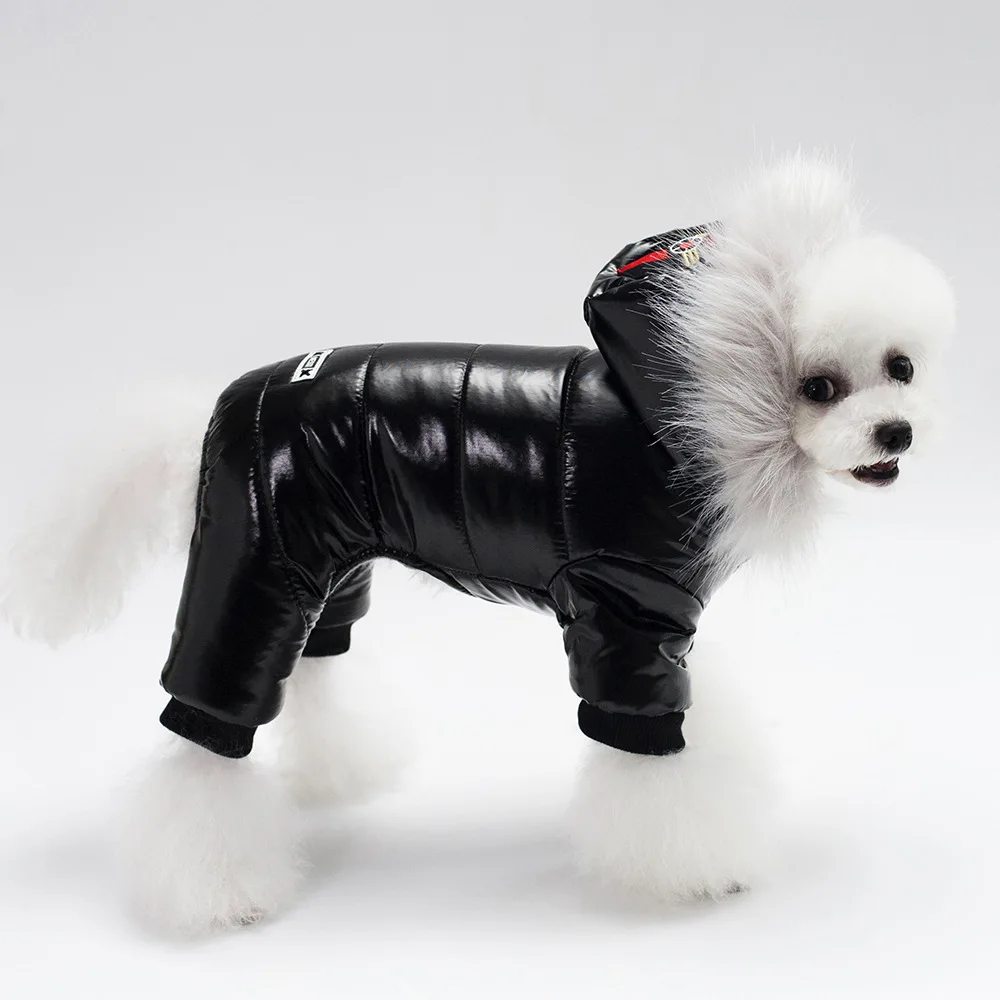 Зимние теплые комбинезоны для собак, одежда для маленьких собак, комбинезон для животных, водонепроницаемая куртка для щенков, ветрозащитная одежда для чихуахуа, четыре ноги - Цвет: Black