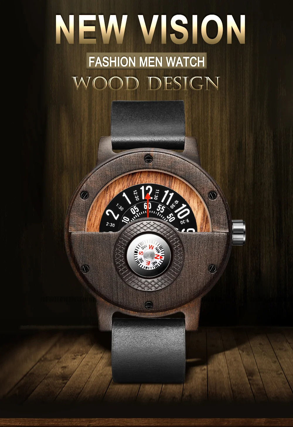 Creative Wood Watch Unique Compass Turntable Wood Watches Men's Semicircle Dial Clock Quartz Clock Retro Hour Relogio Masculino