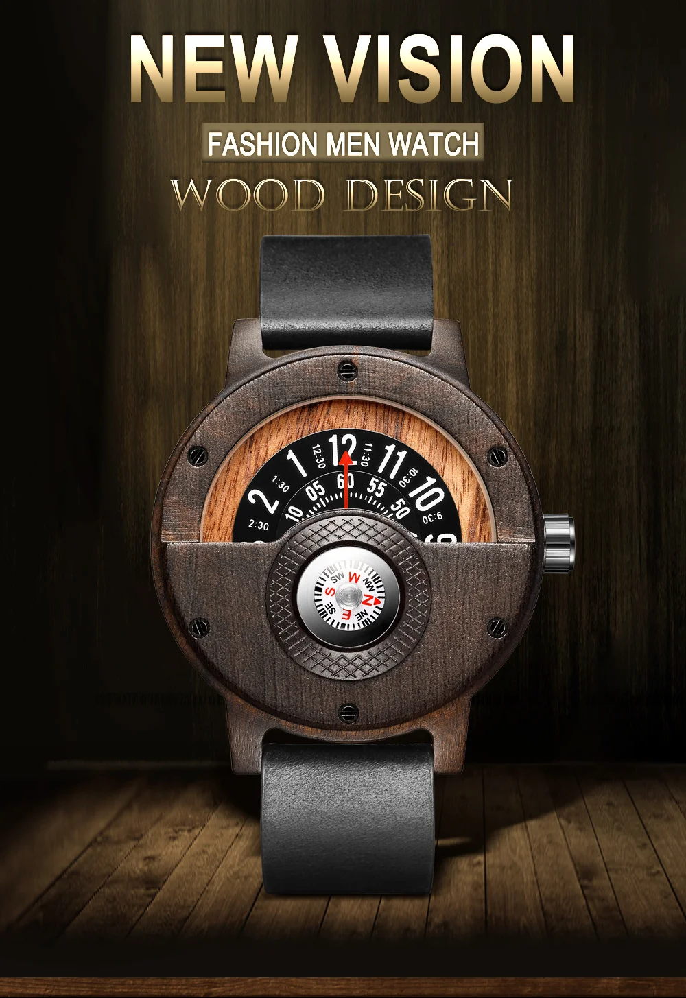 Relógio de madeira bússola exclusivo masculino, Relógios