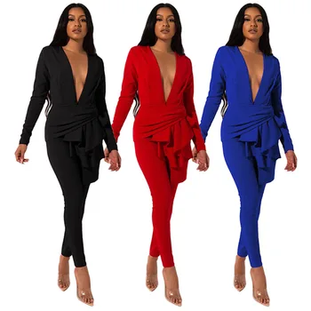 

Women's Sexy Solid Color Deep V Neck Irregular Hem Two Piece Set