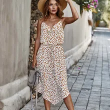 ファッション女性ヒョウ柄花柄レースドレスサスペンダーノースリーブ非対称レーヨンドレスビーチ休暇服(China)