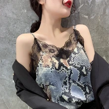 Fashion Top Women Elegant Women Snake Print Tank Tops Woman Lace Patchwork Tops Tees Plus Size Summer Woman V Neck Sexy Top