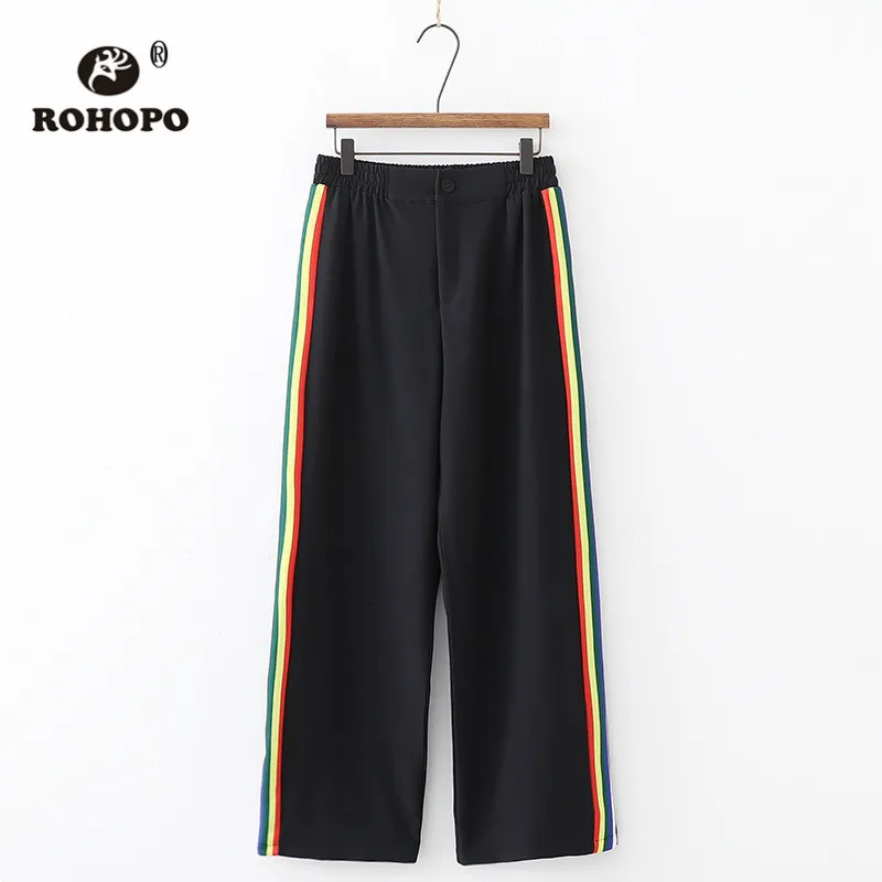 

ROHOPO Side Rainbow Stripe Soft Woman Straight Black Pant Autumn Ladies Full Length Trousers #2390