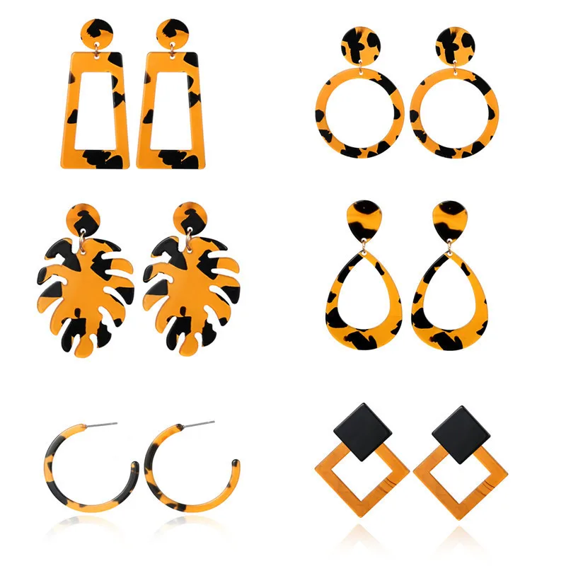 States new resin acetate plate leopard Earrings Za style leaves geometric exaggeration earrings stud jewelry | Украшения и