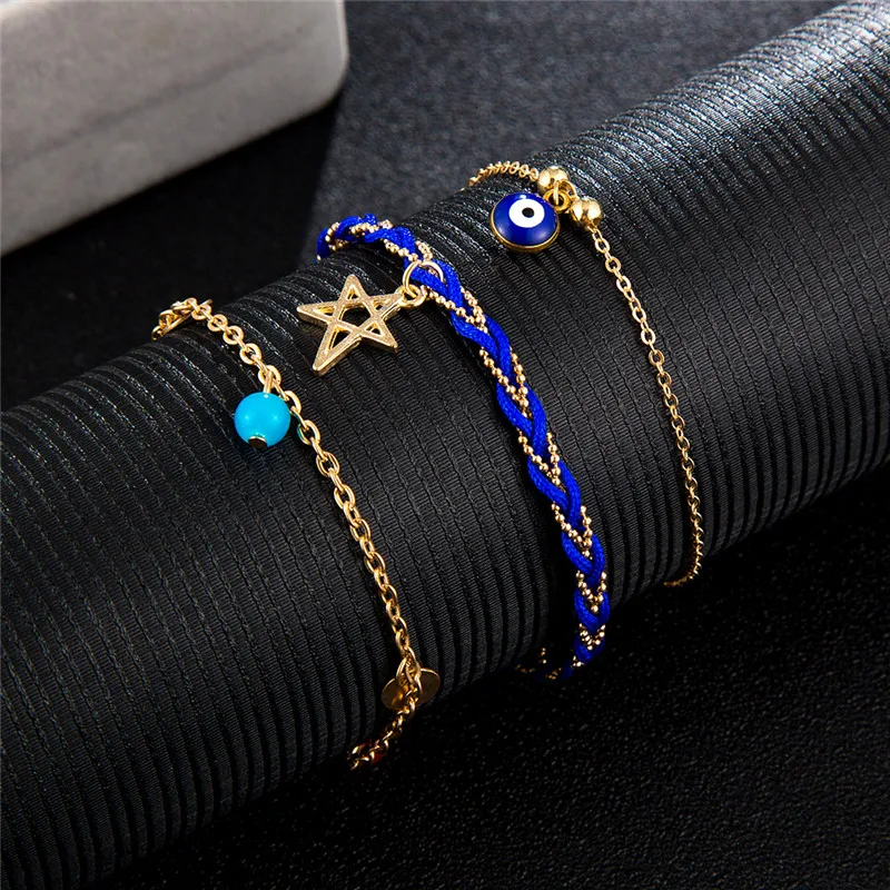 Docona, Boho, синий, цветной, кристалл, полый, Звездный глаз, многослойный ножной браслет, набор для женщин, голубая веревка, многослойный ножной браслет, ювелирные изделия для ног, 8145
