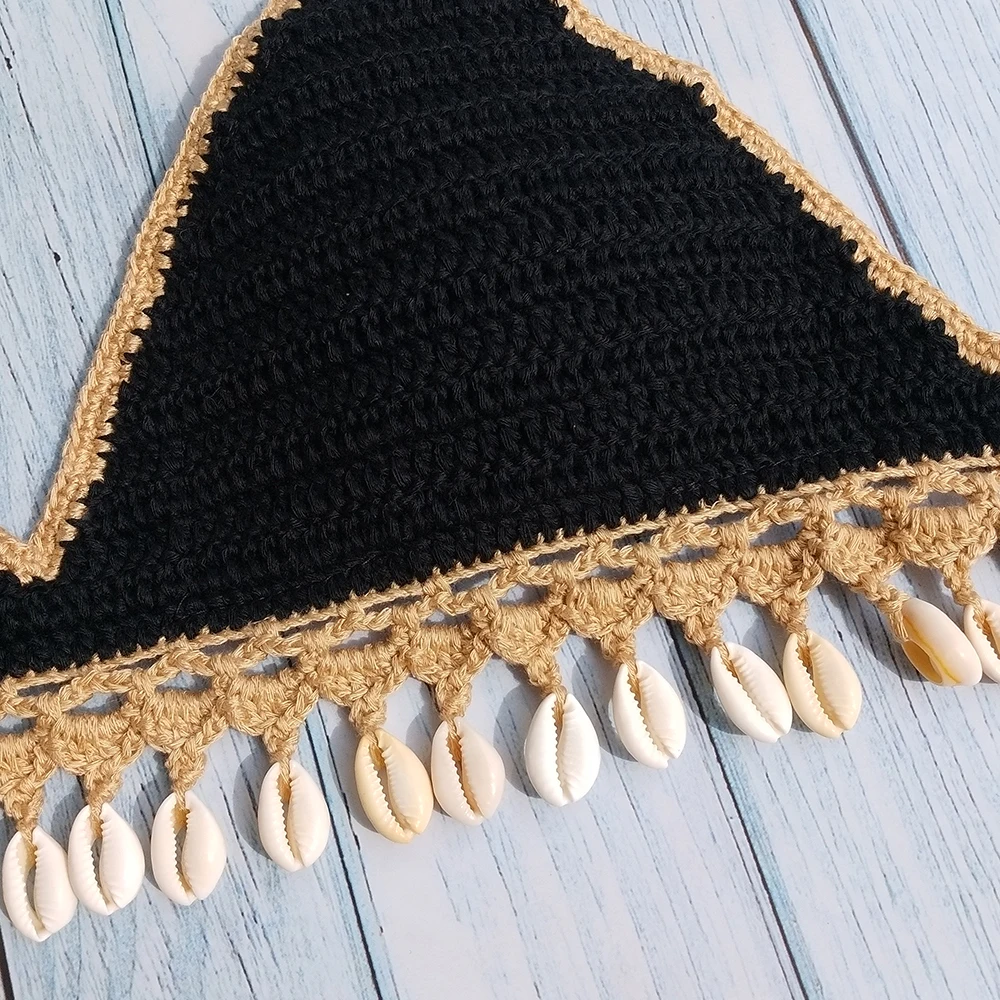 3pcs Bikini Set Woman Shell Tassel Crochet Bikini Top Sexy Beach Skirt Lace See Through Slim Mini Skirt  And Seashell Necklace
