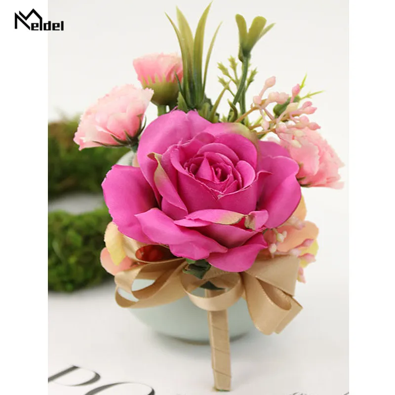 

Meldel Wedding Corsage Bracelet Bridesmaid Artificial Flower Groom Boutonniere Corsage Flore Silk Flower Brooch Marriage Wedding