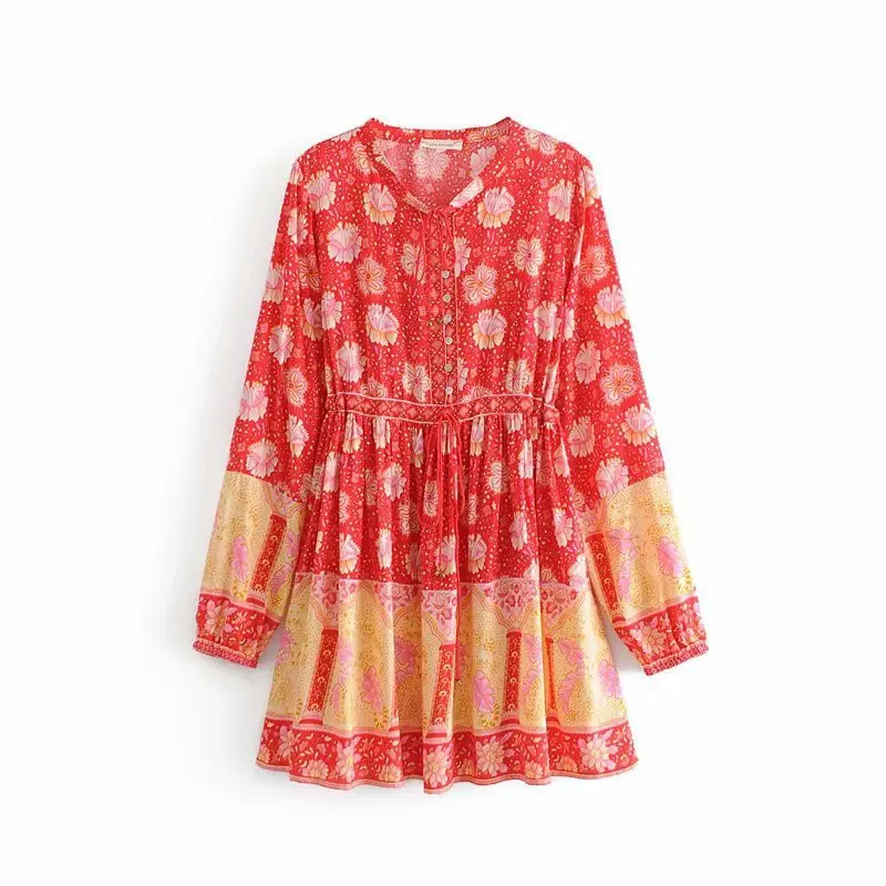 

2019 Western Style Spring And Summer WOMEN'S Dress New Style Red Lilac Positioning Printed Long-sleeved Dress