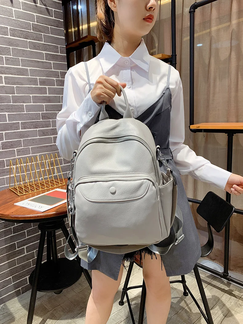 2021 Large Capacity Natural Real Cowhide Women Backpack Daily Travel Bookbag Designer Vintage Anti Theft Female Bagpack Gray
