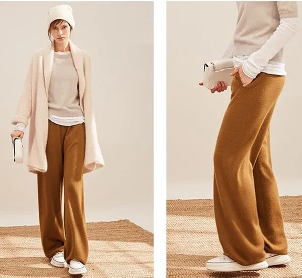 pure goat cashmere knit women fashion wide leg pants full length trousers S-XL retail wholesale customize