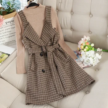 

Tweed Dress Two Piece Set Long Sleeve Plaid Dress Women Winter Dresses Knitted 2019 Elegant Jumper Vintage Thick Warm Clothes
