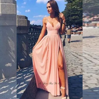 

V-Neck Prom Dresses 2019 Side Slit Long Dress For Party Spaghetti Strap Floor Length Satin A-line Evening Gown Vestidos De Gala